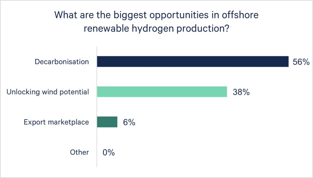 An image of the results from an Aquaterra Energy linkedIn poll asking 'What are the biggest opportunities in renewable hydrogen production?'
